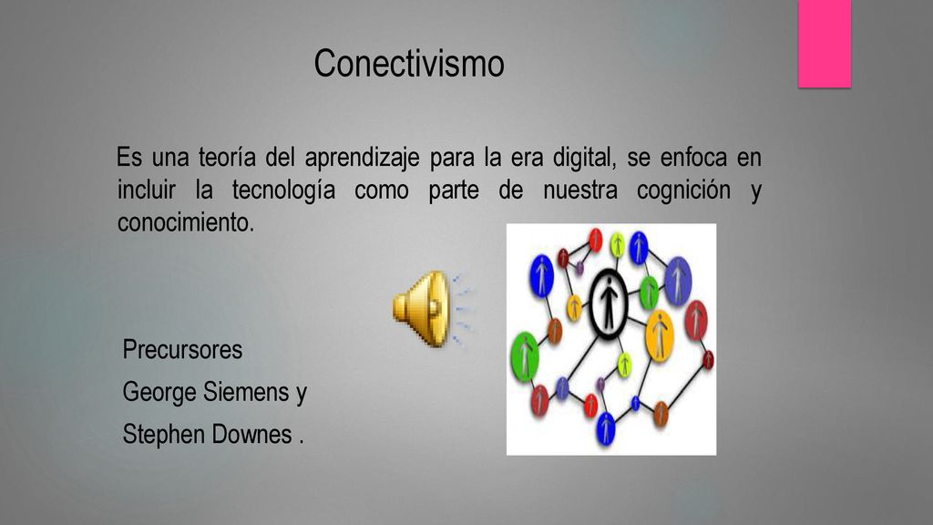 Conectivismo Es una teoría del aprendizaje para la era digital, se enfoca en incluir la tecnología como parte de nuestra cognición y conocimiento.
