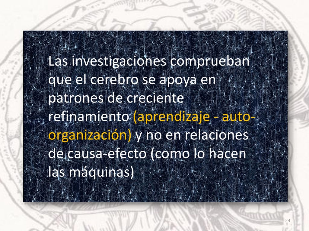 Las investigaciones comprueban que el cerebro se apoya en patrones de creciente refinamiento (aprendizaje - auto-organización) y no en relaciones de causa-efecto (como lo hacen las máquinas)