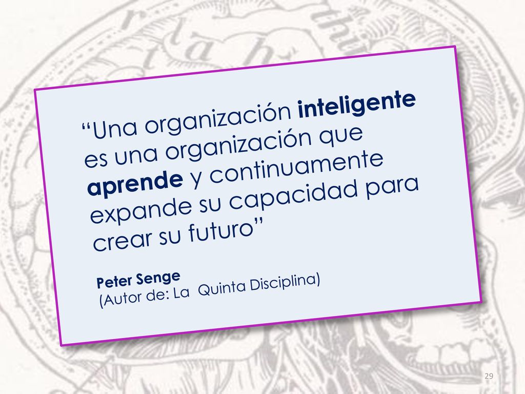 Una organización inteligente es una organización que aprende y continuamente expande su capacidad para crear su futuro