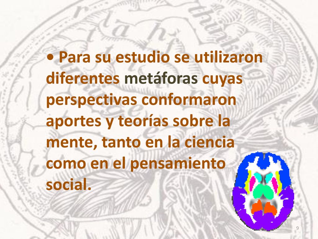 • Para su estudio se utilizaron diferentes metáforas cuyas perspectivas conformaron aportes y teorías sobre la mente, tanto en la ciencia como en el pensamiento social.