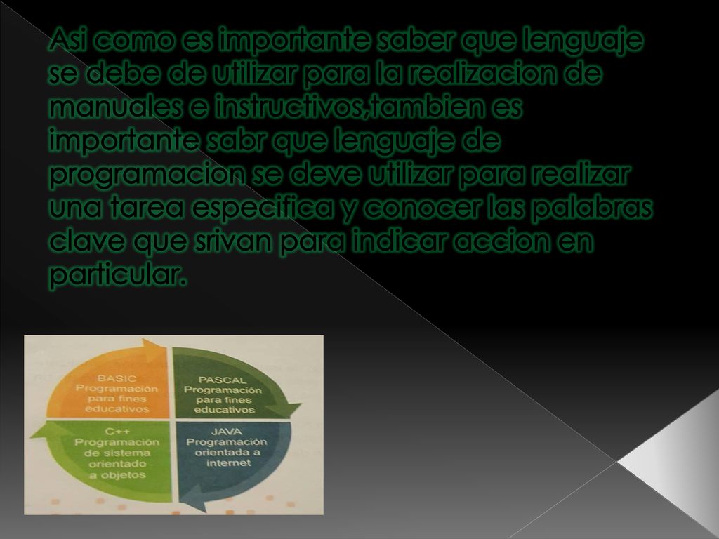 Asi como es importante saber que lenguaje se debe de utilizar para la realizacion de manuales e instructivos,tambien es importante sabr que lenguaje de programacion se deve utilizar para realizar una tarea especifica y conocer las palabras clave que srivan para indicar accion en particular.