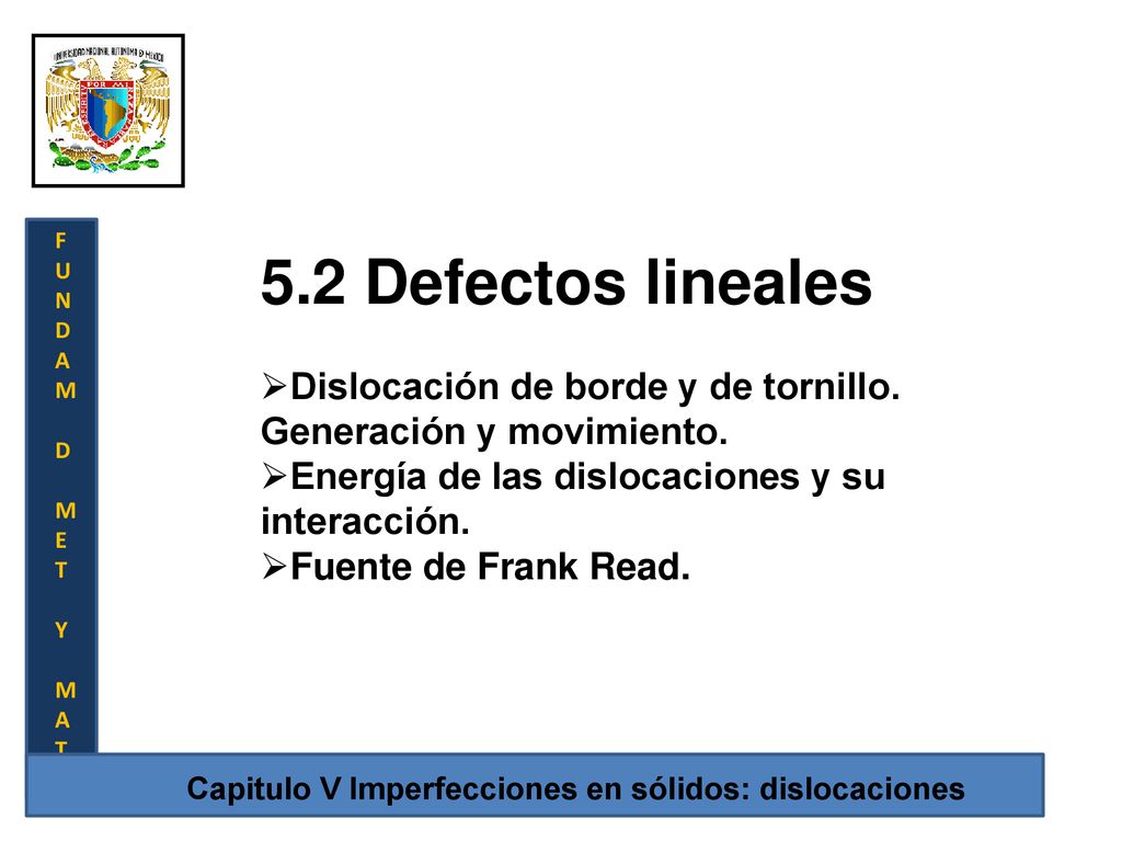 F U. N. D. A. M. E. T. Y. 5.2 Defectos lineales. Dislocación de borde y de tornillo. Generación y movimiento.