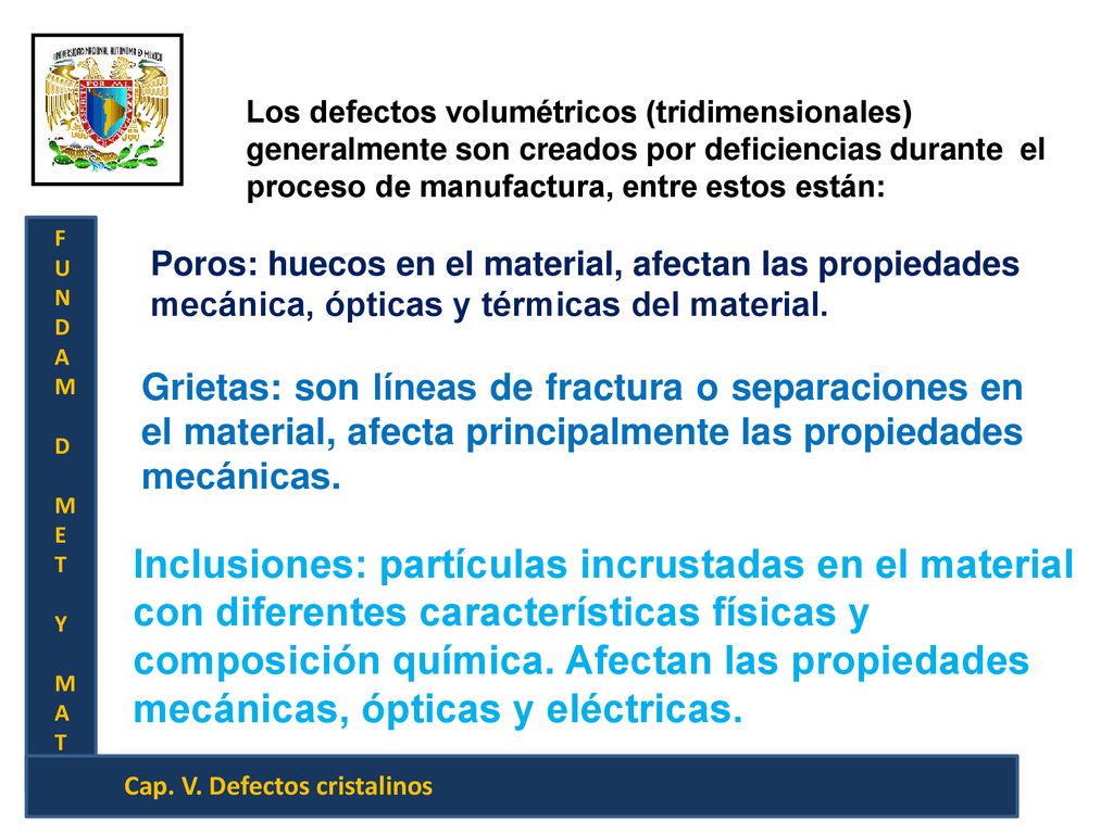 Los defectos volumétricos (tridimensionales) generalmente son creados por deficiencias durante el proceso de manufactura, entre estos están: