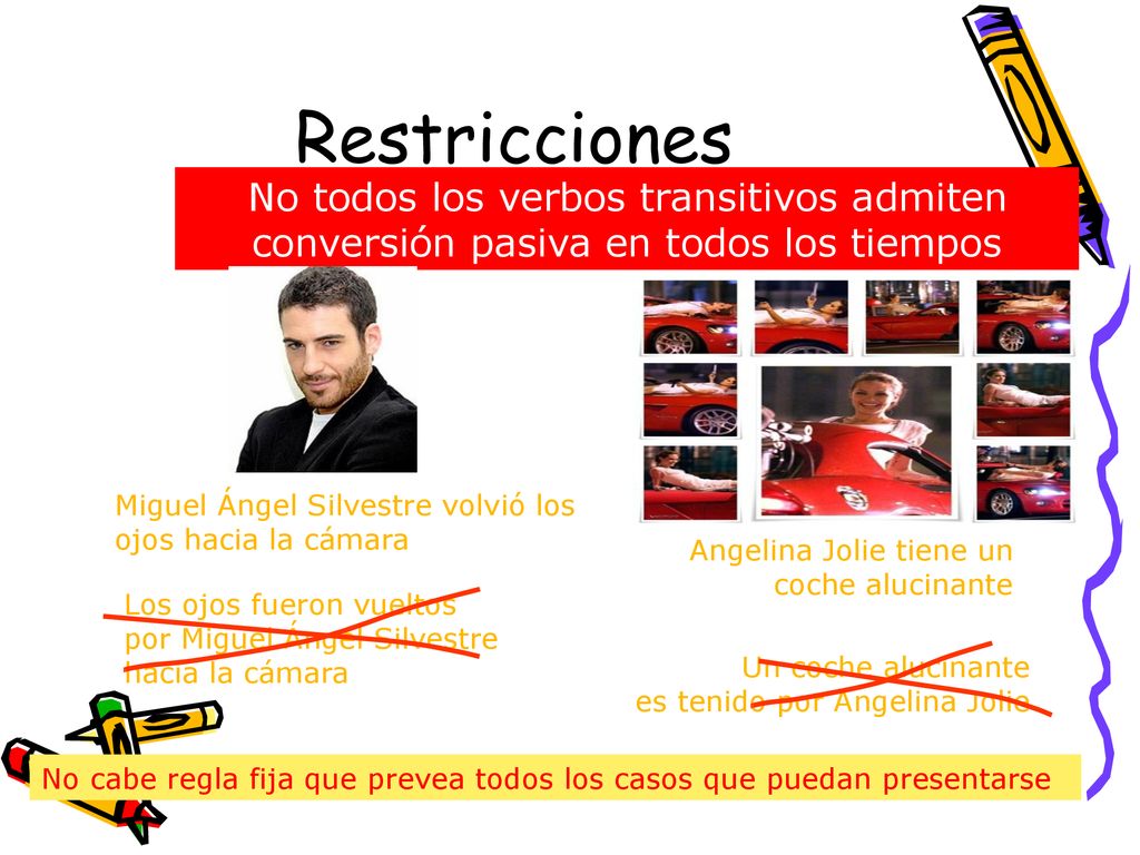 Restricciones No todos los verbos transitivos admiten conversión pasiva en todos los tiempos. Miguel Ángel Silvestre volvió los ojos hacia la cámara.