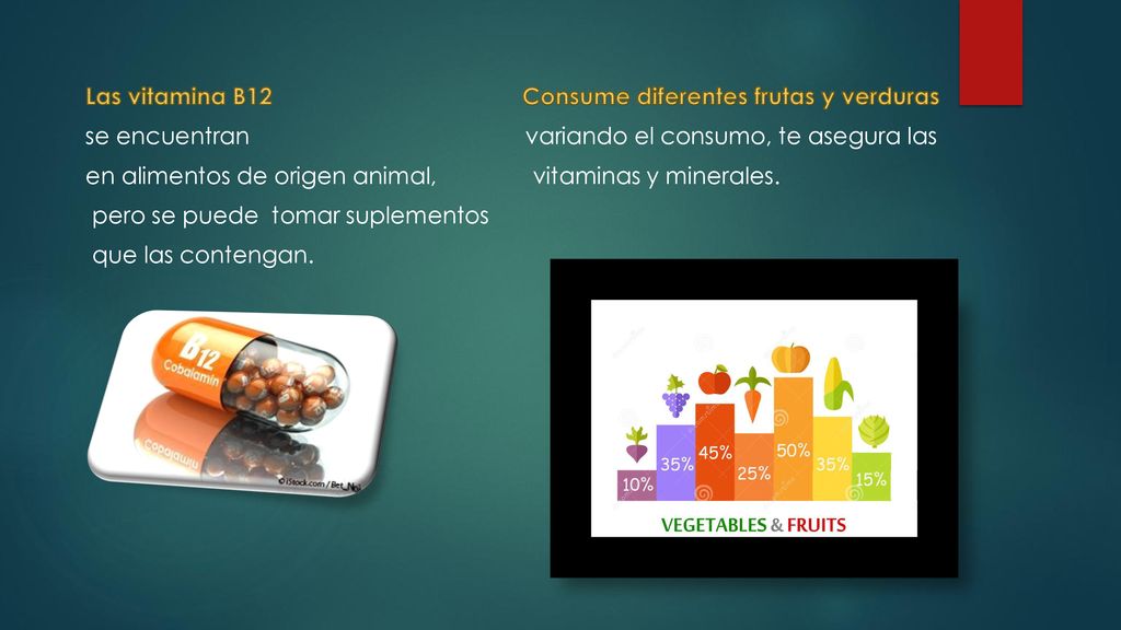 Las vitamina B12 Consume diferentes frutas y verduras se encuentran variando el consumo, te asegura las en alimentos de origen animal, vitaminas y minerales.