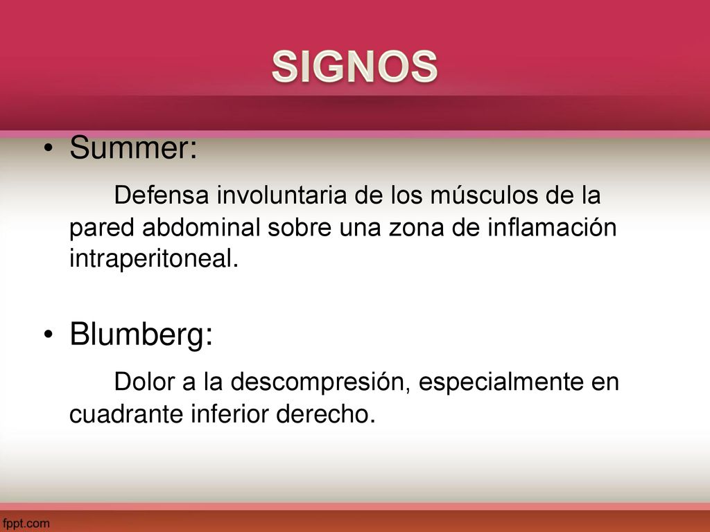 SIGNOS Summer: Defensa involuntaria de los músculos de la pared abdominal sobre una zona de inflamación intraperitoneal.