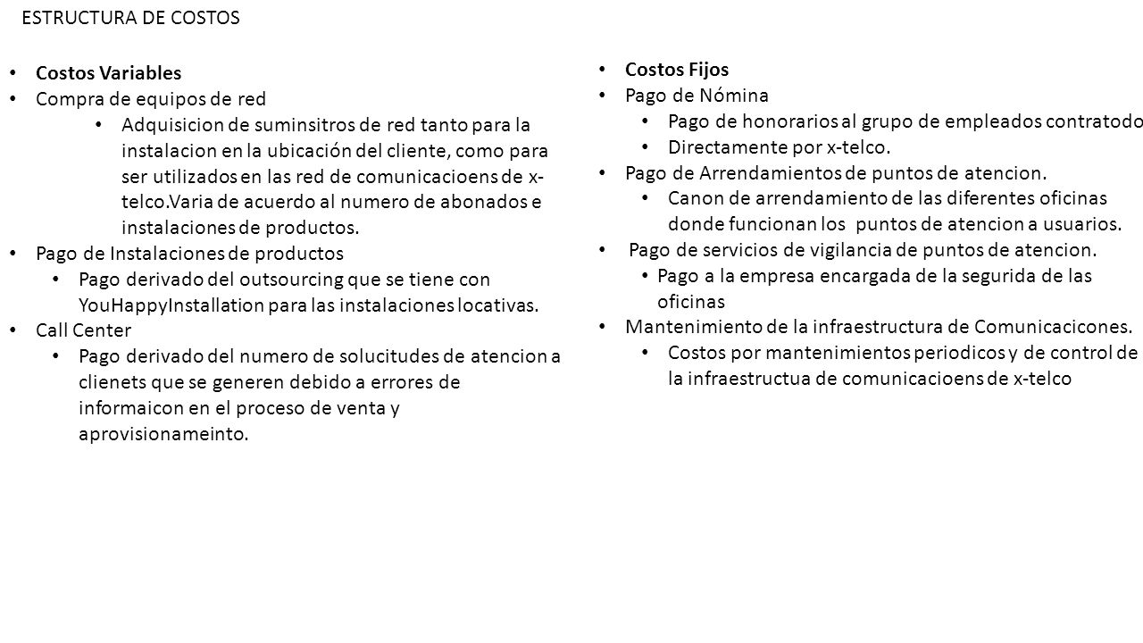 ESTRUCTURA DE COSTOS Costos Variables. Compra de equipos de red.