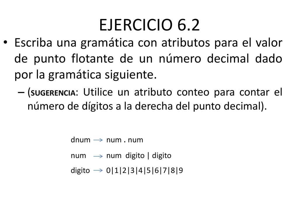 EJERCICIO 6.2 Escriba una gramática con atributos para el valor de punto flotante de un número decimal dado por la gramática siguiente.