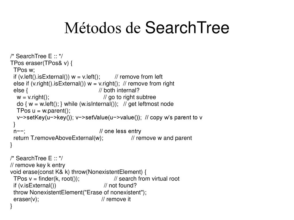 Métodos de SearchTree /* SearchTree E :: */ TPos eraser(TPos& v) {