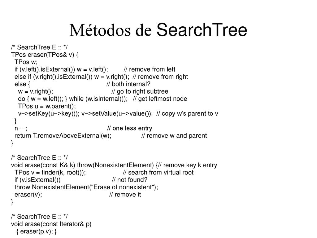 Métodos de SearchTree /* SearchTree E :: */ TPos eraser(TPos& v) {