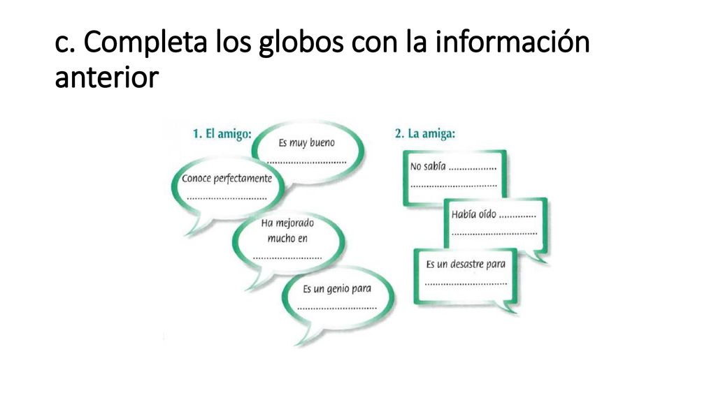 c. Completa los globos con la información anterior