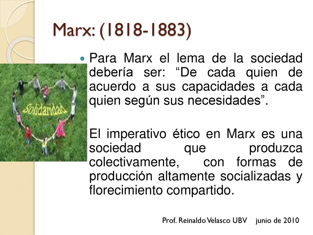 Marx: ( ) Para Marx el lema de la sociedad debería ser: De cada quien de acuerdo a sus capacidades a cada quien según sus necesidades .