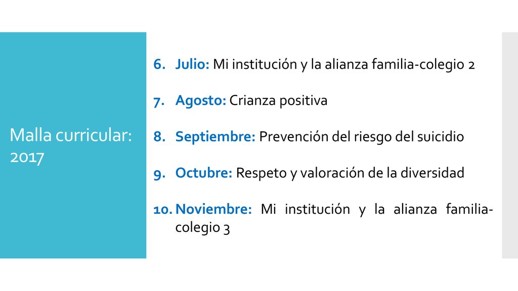 Malla curricular: 2017 Julio: Mi institución y la alianza familia-colegio 2. Agosto: Crianza positiva.
