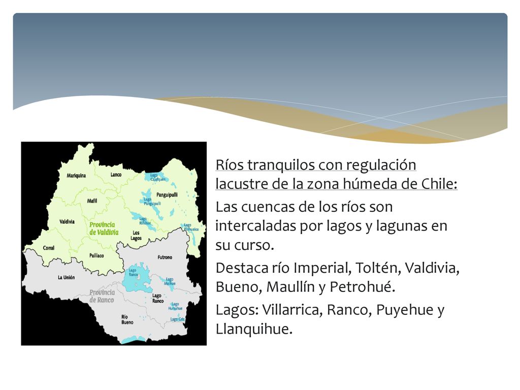 Ríos tranquilos con regulación lacustre de la zona húmeda de Chile: