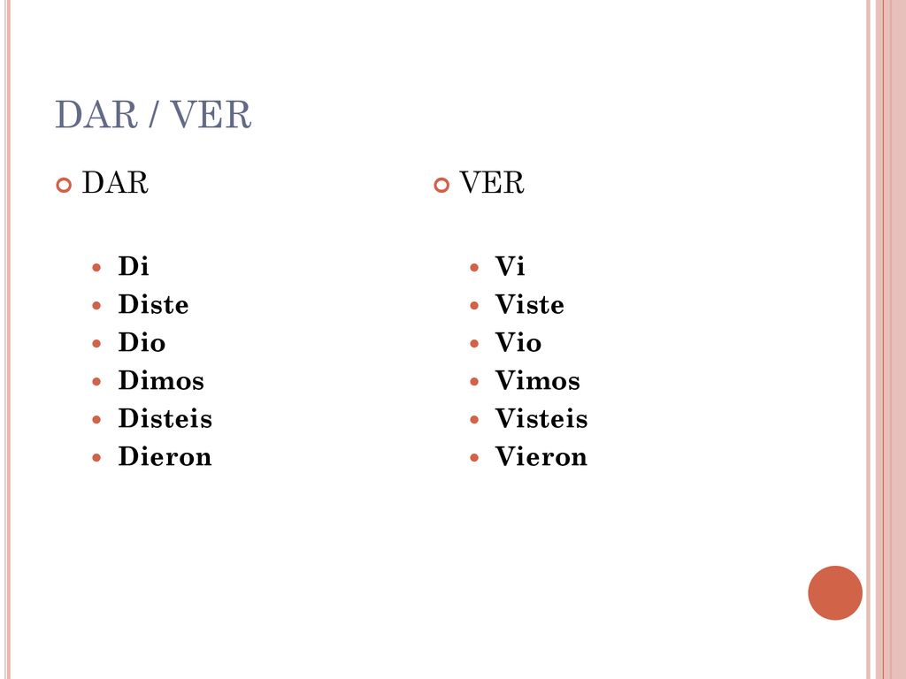 DAR / VER DAR VER Di Diste Dio Dimos Disteis Dieron Vi Viste Vio Vimos