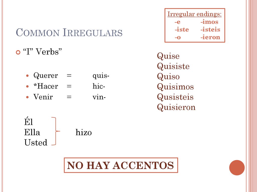 Common Irregulars NO HAY ACCENTOS I Verbs Quise Quisiste Quiso