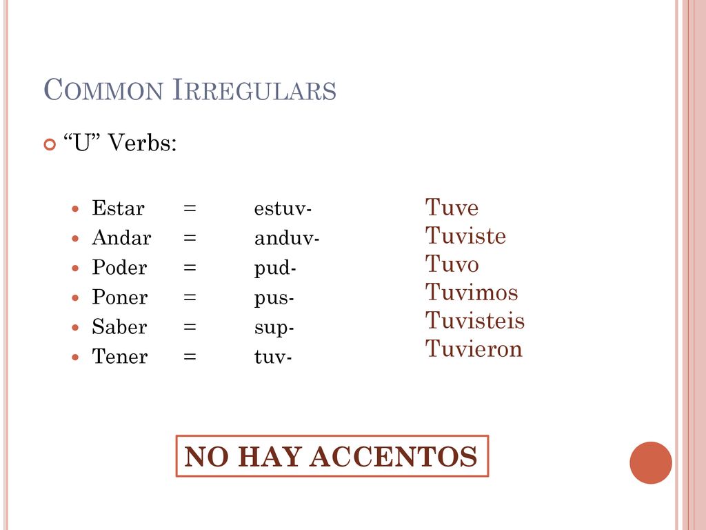 Common Irregulars NO HAY ACCENTOS U Verbs: Tuve Tuviste Tuvo Tuvimos
