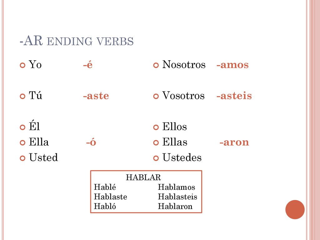 -AR ending verbs Yo -é Tú -aste Él Ella -ó Usted Nosotros -amos