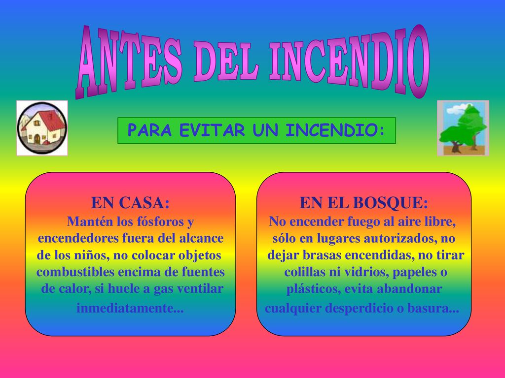 ANTES DEL INCENDIO PARA EVITAR UN INCENDIO: EN CASA: EN EL BOSQUE:
