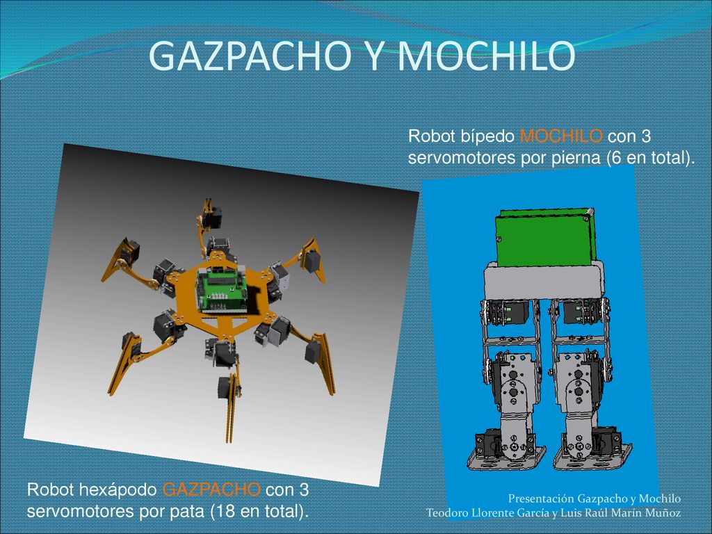 GAZPACHO Y MOCHILO Robot bípedo MOCHILO con 3 servomotores por pierna (6 en total).