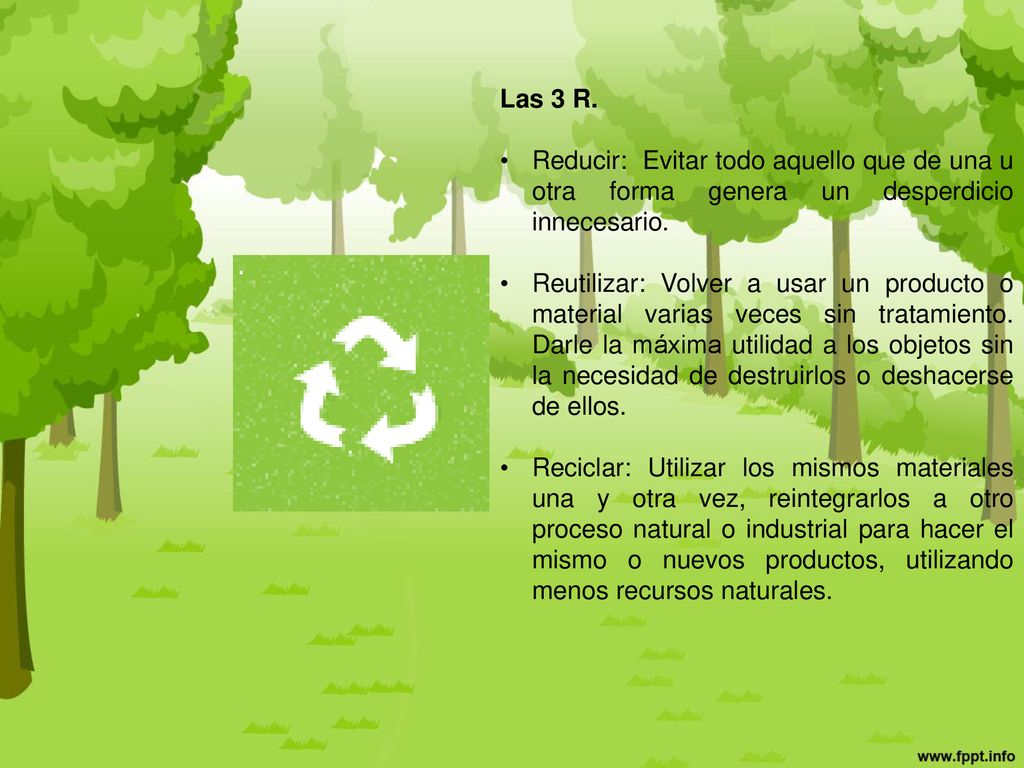 Las 3 R. Reducir: Evitar todo aquello que de una u otra forma genera un desperdicio innecesario.
