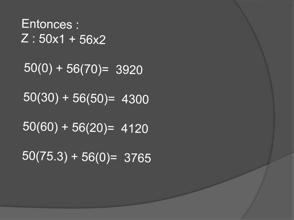 Entonces : Z : 50x1 + 56x2. 50(0) + 56(70)= (30) + 56(50)= (60) + 56(20)=