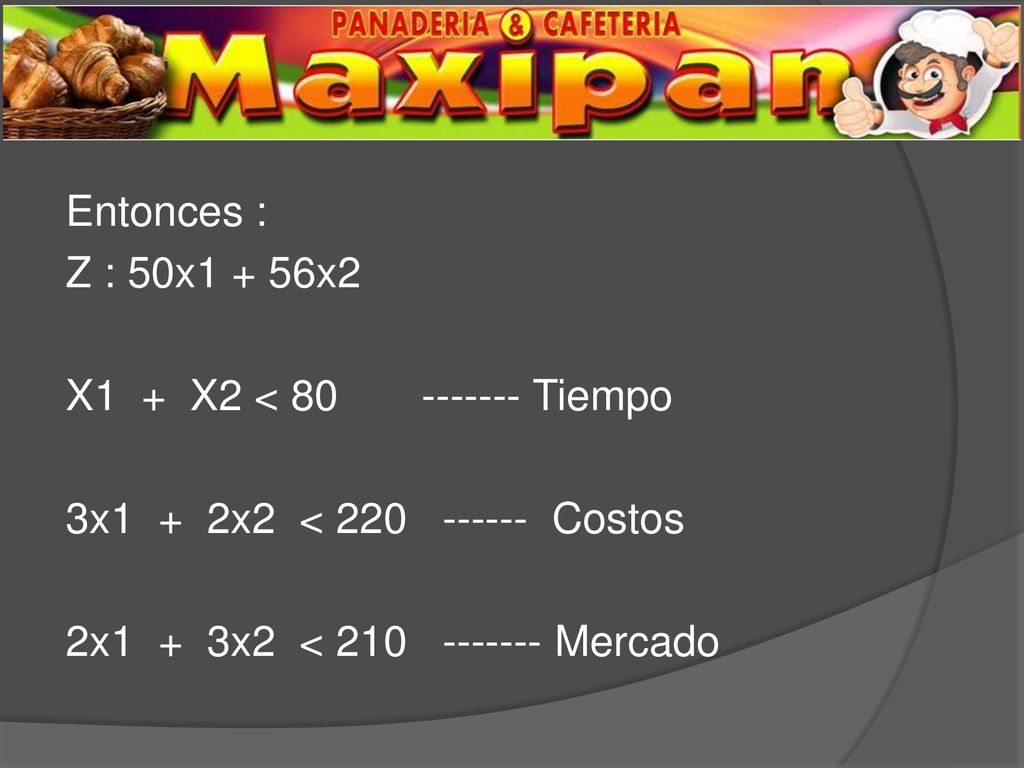 Entonces : Z : 50x1 + 56x2 X1 + X2 < Tiempo 3x1 + 2x2 < Costos 2x1 + 3x2 < Mercado