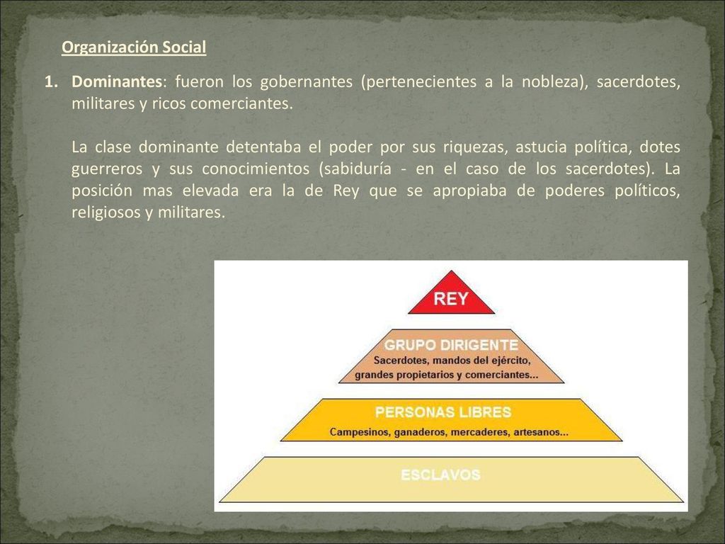 Organización Social Dominantes: fueron los gobernantes (pertenecientes a la nobleza), sacerdotes, militares y ricos comerciantes.