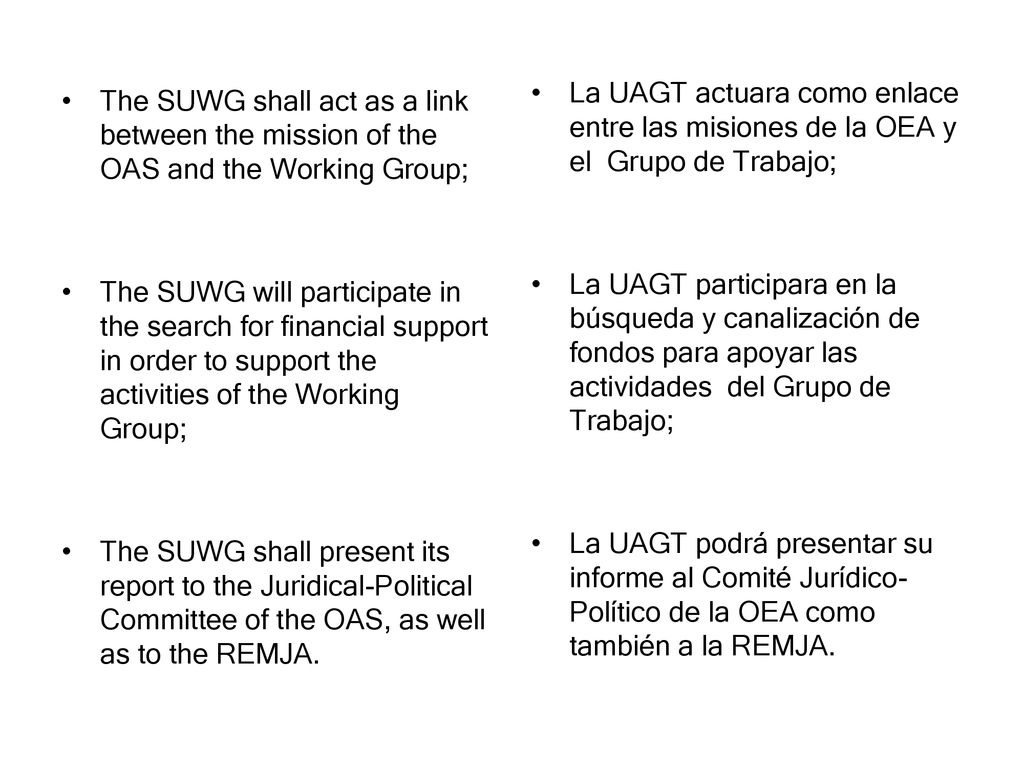 La UAGT actuara como enlace entre las misiones de la OEA y el Grupo de Trabajo;