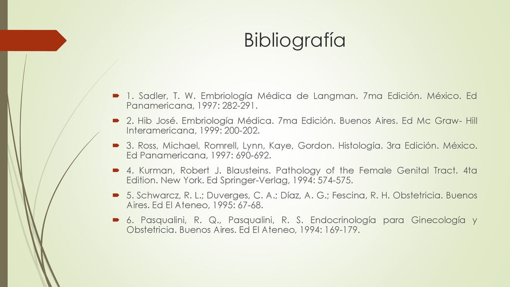 Bibliografía 1. Sadler, T. W. Embriología Médica de Langman. 7ma Edición. México. Ed Panamericana, 1997:
