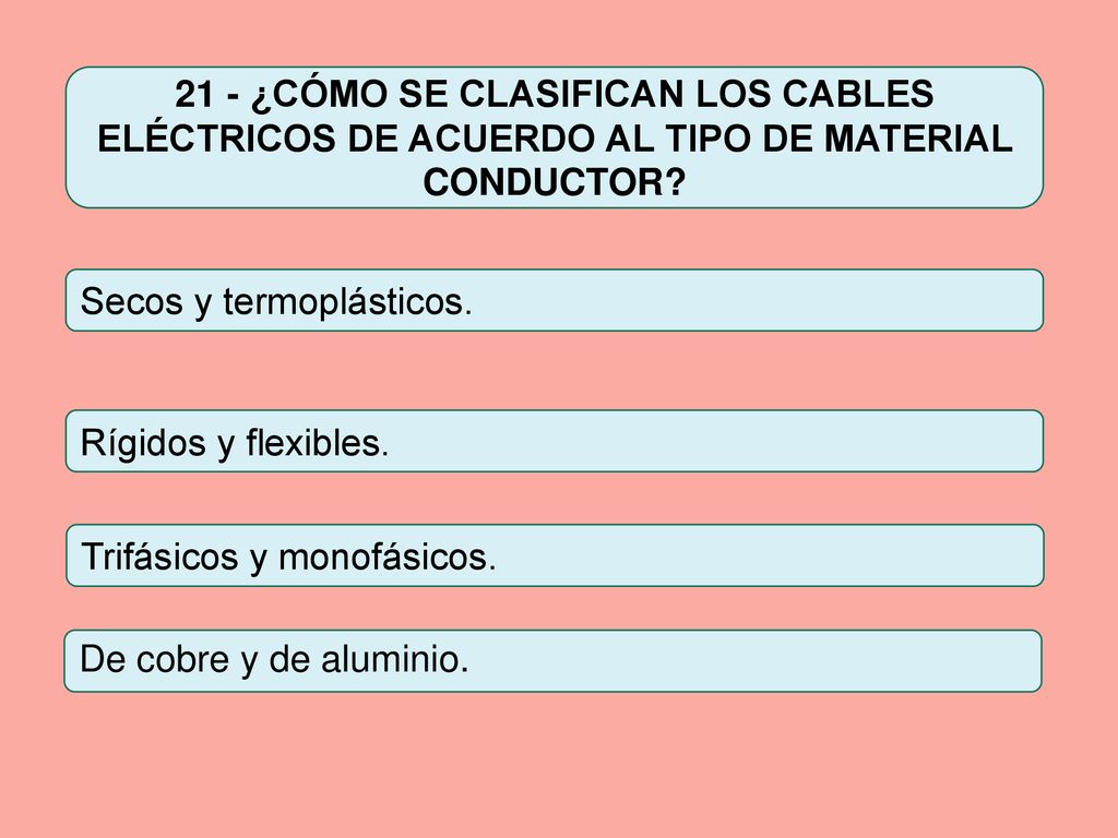 21 - ¿CÓMO SE CLASIFICAN LOS CABLES ELÉCTRICOS DE ACUERDO AL TIPO DE MATERIAL CONDUCTOR
