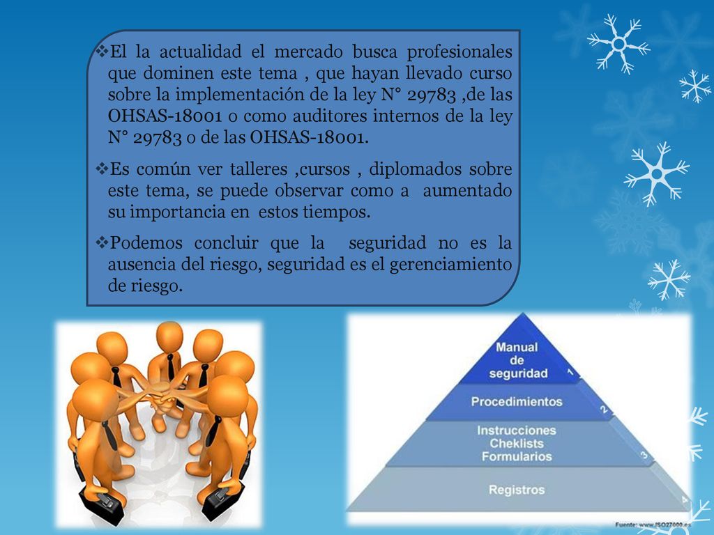El la actualidad el mercado busca profesionales que dominen este tema , que hayan llevado curso sobre la implementación de la ley N° ,de las OHSAS o como auditores internos de la ley N° o de las OHSAS