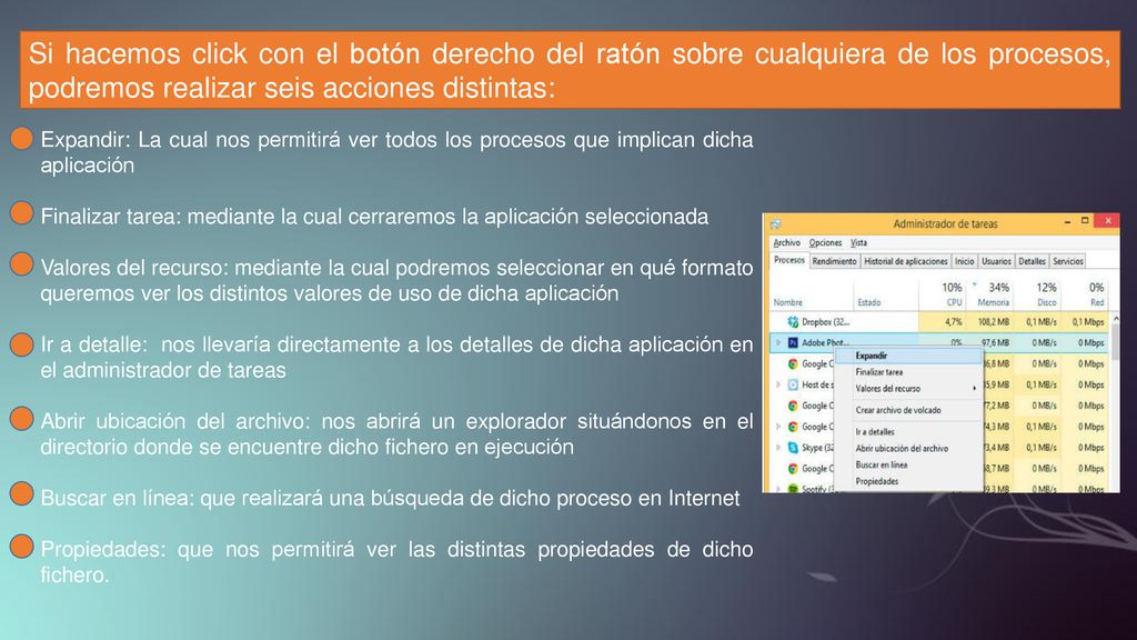 Si hacemos click con el botón derecho del ratón sobre cualquiera de los procesos, podremos realizar seis acciones distintas: