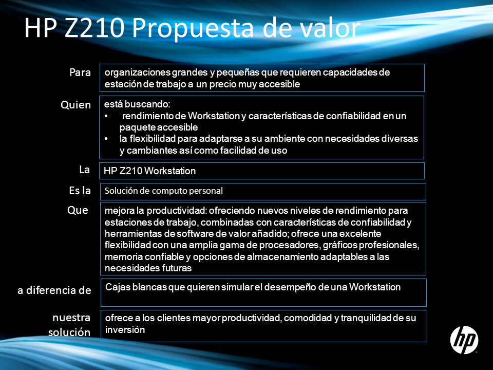HP Z210 Propuesta de valor Para Quien La Es la Que a diferencia de