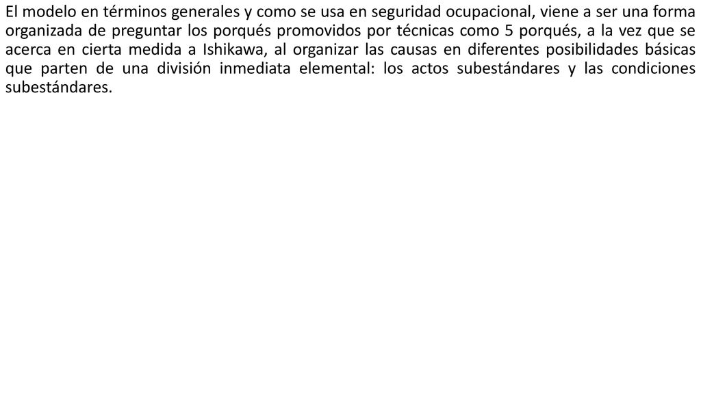 El modelo en términos generales y como se usa en seguridad ocupacional, viene a ser una forma organizada de preguntar los porqués promovidos por técnicas como 5 porqués, a la vez que se acerca en cierta medida a Ishikawa, al organizar las causas en diferentes posibilidades básicas que parten de una división inmediata elemental: los actos subestándares y las condiciones subestándares.