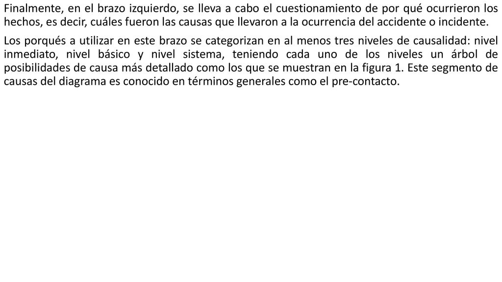 Finalmente, en el brazo izquierdo, se lleva a cabo el cuestionamiento de por qué ocurrieron los hechos, es decir, cuáles fueron las causas que llevaron a la ocurrencia del accidente o incidente.