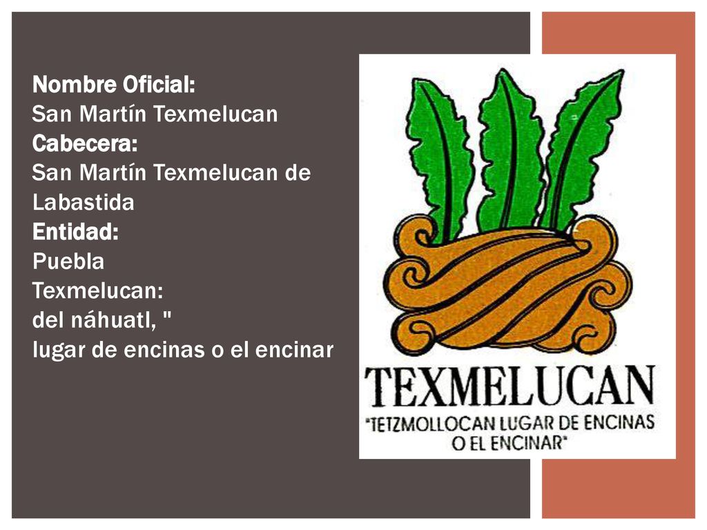 Nombre Oficial: San Martín Texmelucan. Cabecera: San Martín Texmelucan de Labastida. Entidad: Puebla.