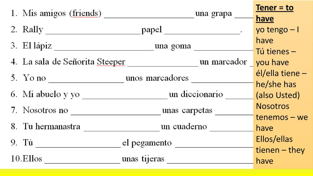 Tener = to have yo tengo – I have. Tú tienes – you have él/ella tiene – he/she has (also Usted) Nosotros tenemos – we have.
