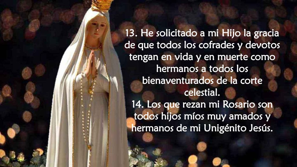 13. He solicitado a mi Hijo la gracia de que todos los cofrades y devotos tengan en vida y en muerte como hermanos a todos los bienaventurados de la corte celestial.