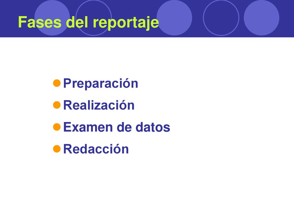 Fases del reportaje Preparación Realización Examen de datos Redacción