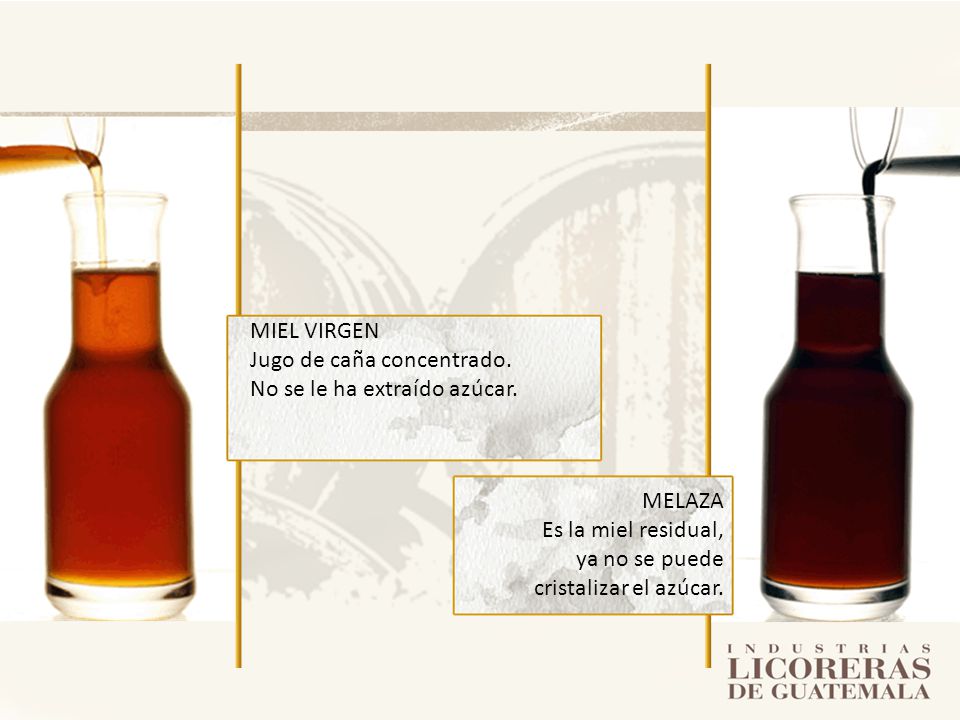 MIEL VIRGEN Jugo de caña concentrado. No se le ha extraído azúcar. MELAZA. Es la miel residual, ya no se puede.
