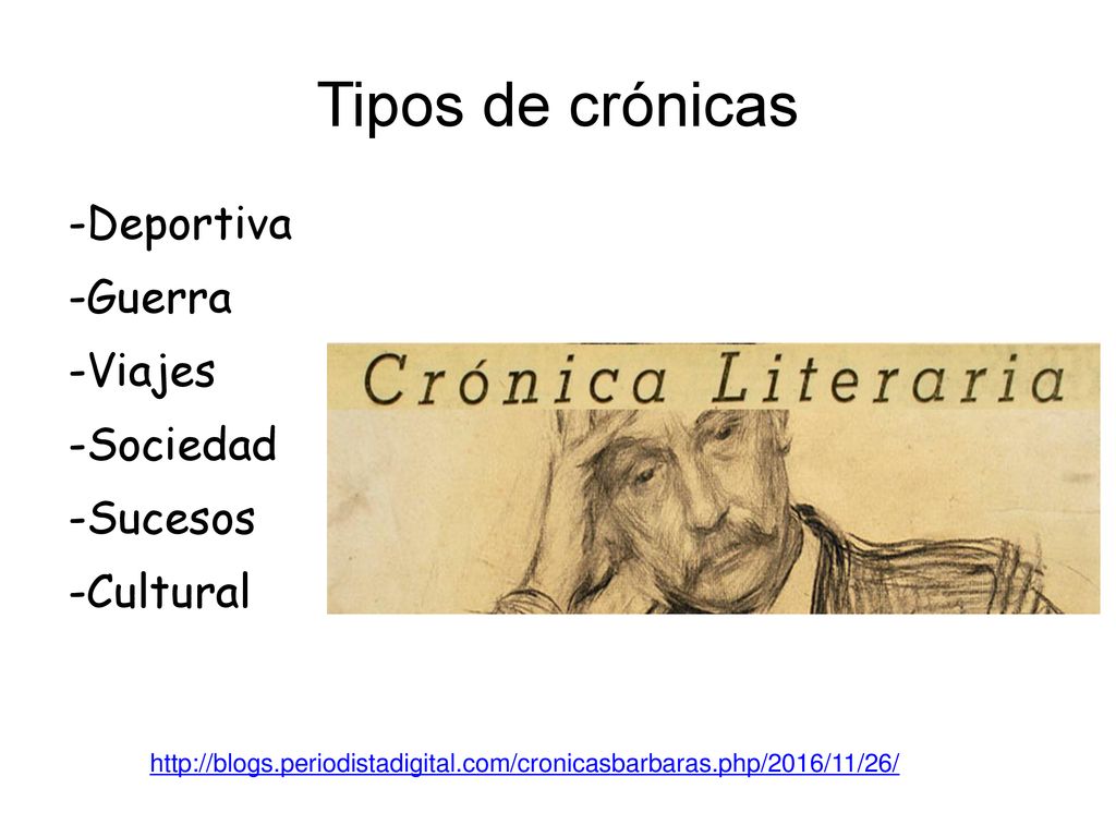 Tipos de crónicas -Deportiva -Guerra -Viajes -Sociedad -Sucesos