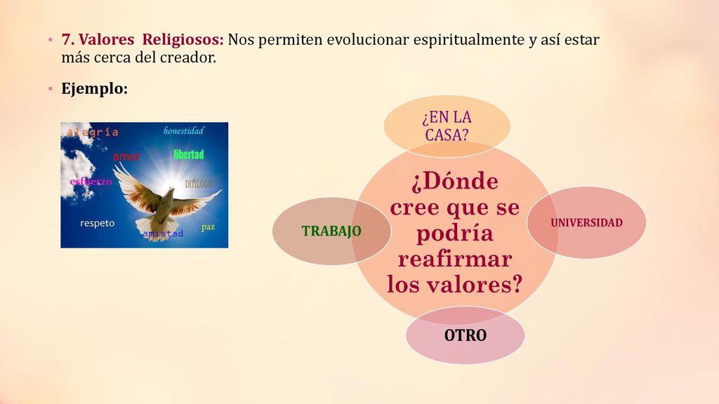 7. Valores Religiosos: Nos permiten evolucionar espiritualmente y así estar más cerca del creador.