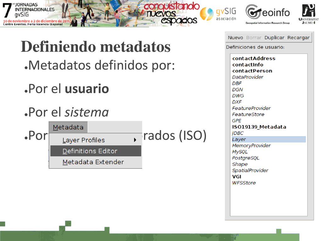 Definiendo metadatos Metadatos definidos por: Por el usuario