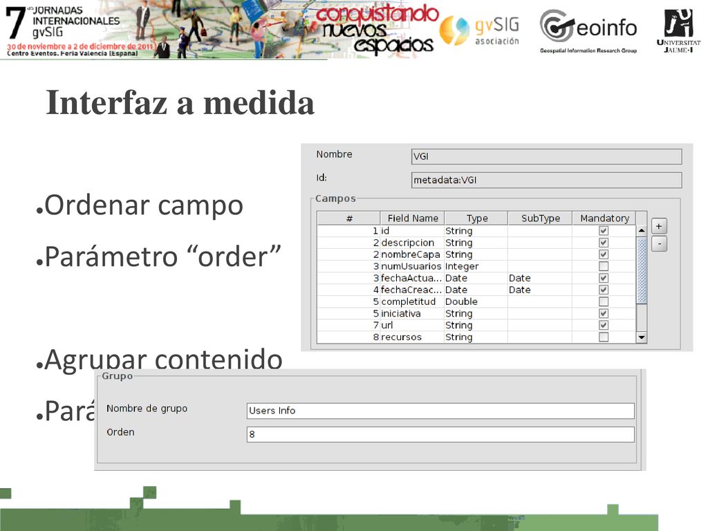 Interfaz a medida Ordenar campo Parámetro order Agrupar contenido