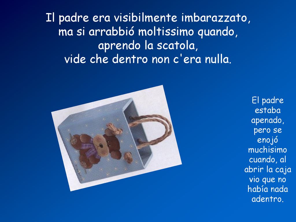 Il padre era visibilmente imbarazzato, ma si arrabbió moltissimo quando, aprendo la scatola, vide che dentro non c era nulla.
