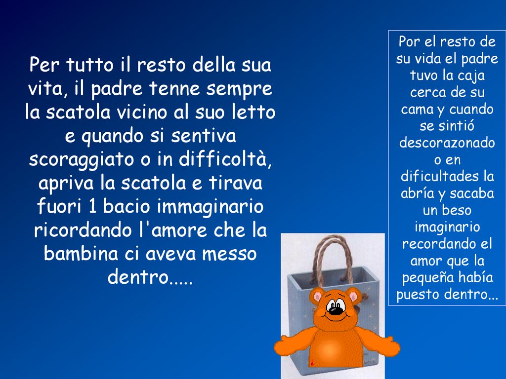 Per tutto il resto della sua vita, il padre tenne sempre la scatola vicino al suo letto e quando si sentiva scoraggiato o in difficoltà, apriva la scatola e tirava fuori 1 bacio immaginario ricordando l amore che la bambina ci aveva messo dentro.....