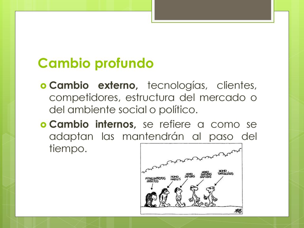 Cambio profundo Cambio externo, tecnologías, clientes, competidores, estructura del mercado o del ambiente social o político.