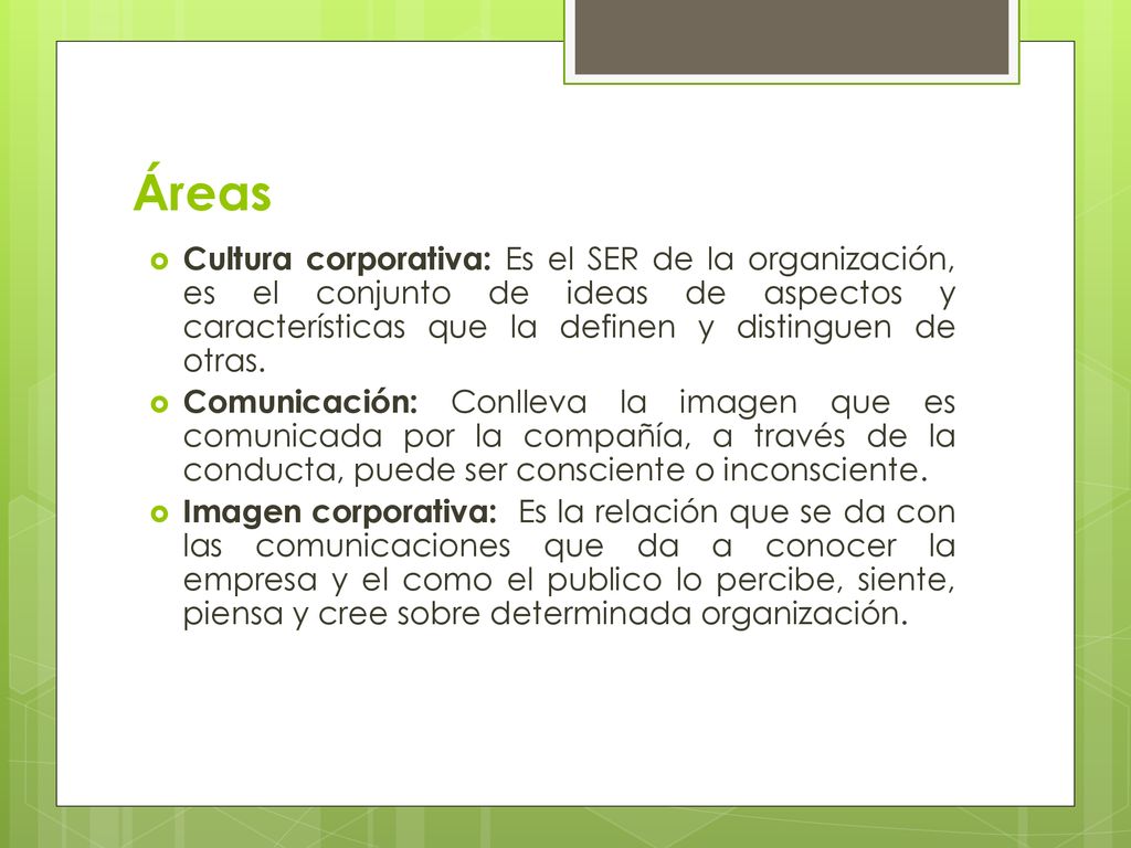 Áreas Cultura corporativa: Es el SER de la organización, es el conjunto de ideas de aspectos y características que la definen y distinguen de otras.