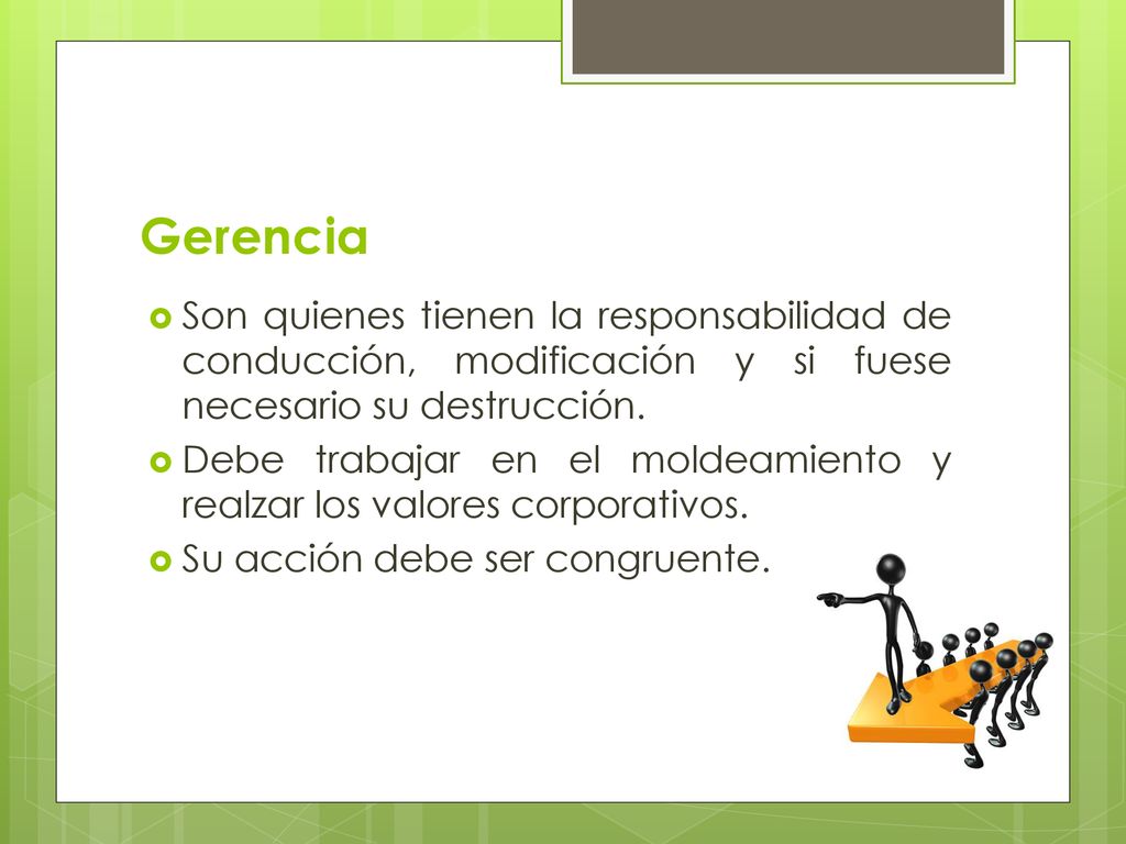 Gerencia Son quienes tienen la responsabilidad de conducción, modificación y si fuese necesario su destrucción.